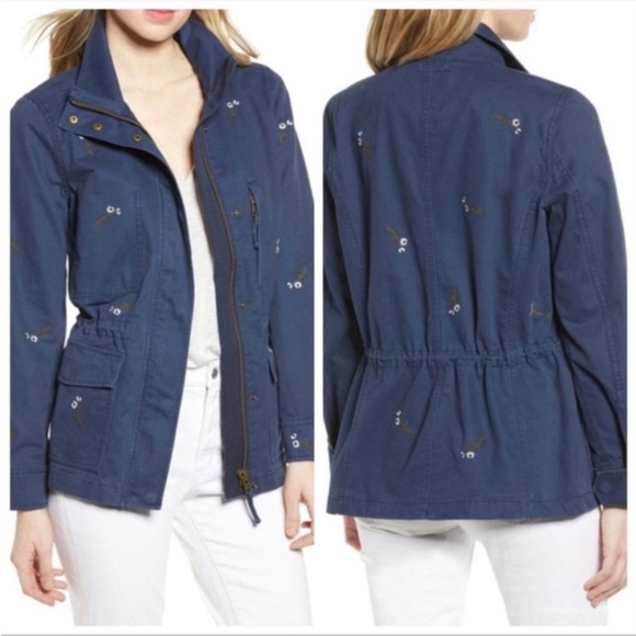 Madewell Floral Embroidered Cargo Military Jacket Navy Blue Size M 100% Cotton - Picture 1 of 6